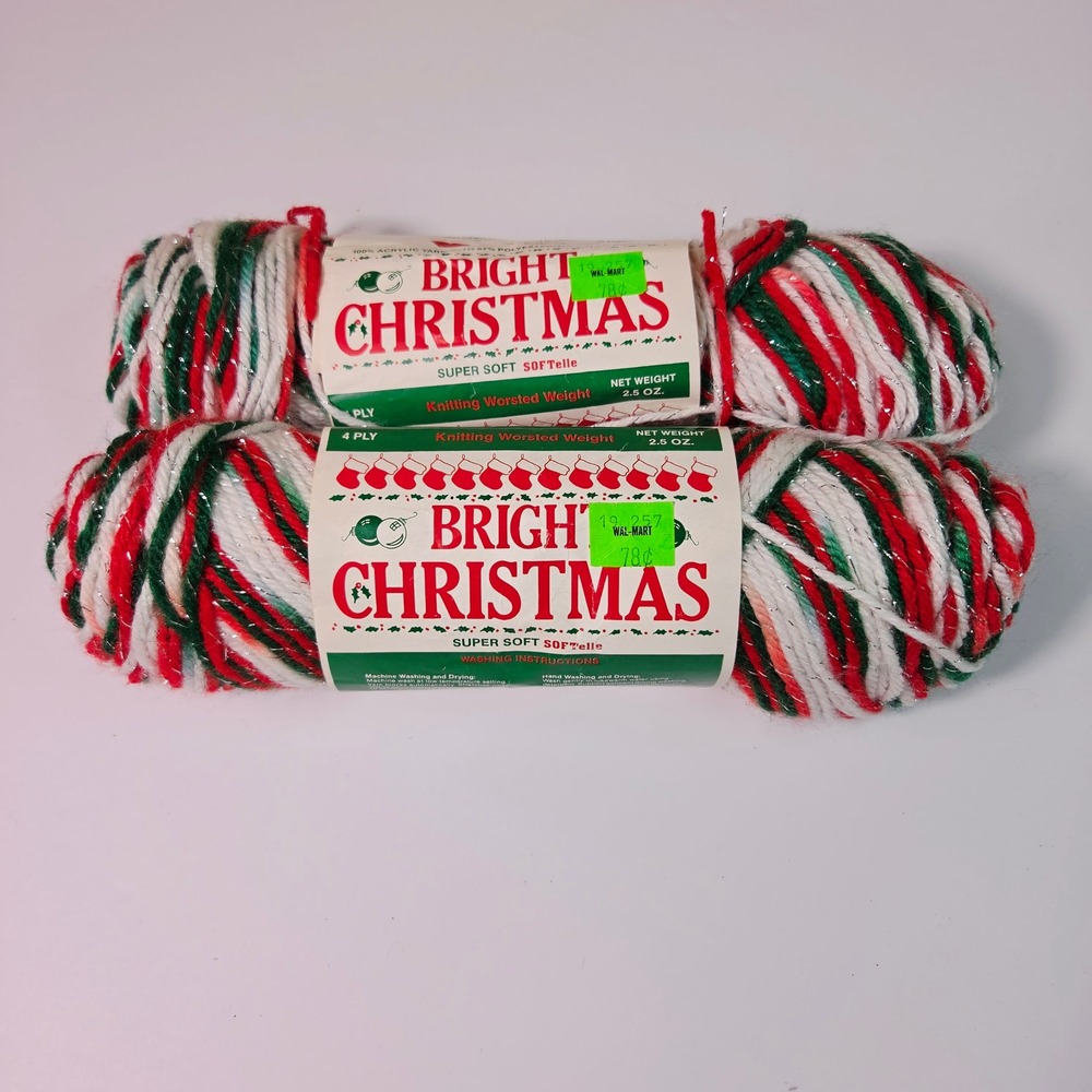 2 Vintage Bright Christmas Yarn Red Green White Silver Worsted Weight Orlon USA